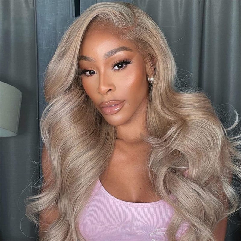 RINA Ash Blonde with Silver Gray Highlight Lace Front Wig Human Hair 180 Density 13x4 Body Wave Mini Knots HD Invisible Lace Wig for Women Glueless Milk Tea Brown Colored with Silver Blonde Wigs 28 Inch