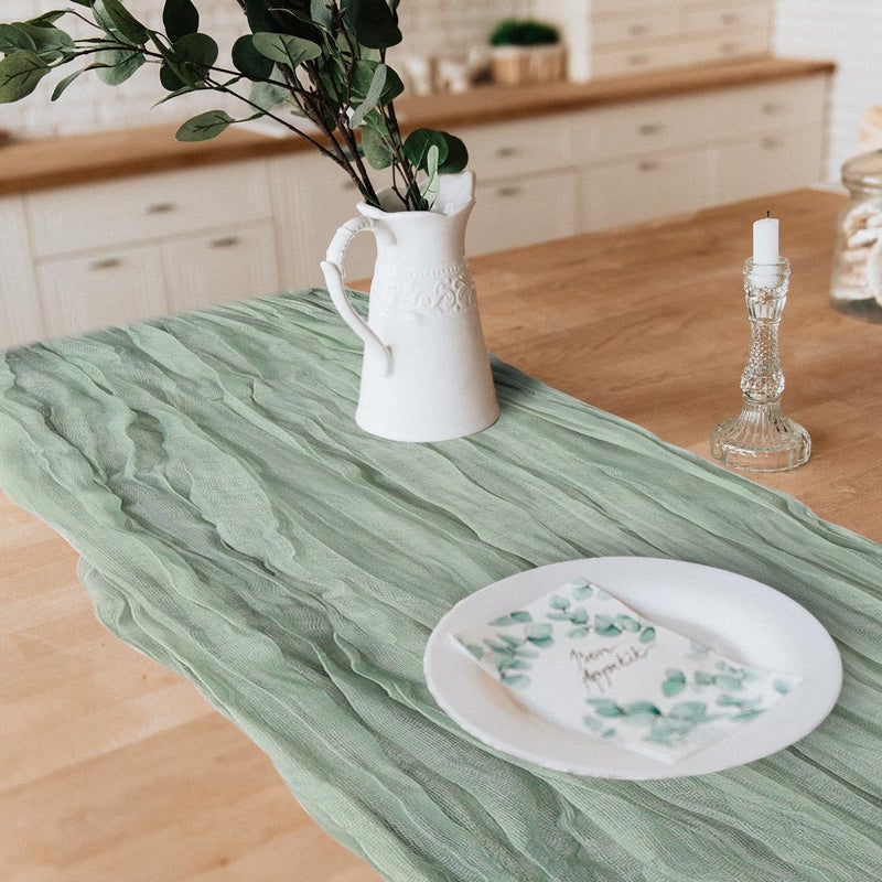 KEEPSHOWING 12 Pack Cheesecloth Table Runner, Runner Gauze Boho Wedding Decor Romantic Table Runner for Wedding Birthday Party(35" x 118") (Sage Green) - Image 5