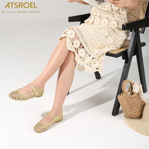 Atsroel Gold Woven Ballet Flats for Women Round Toe Mesh Flats Buckle Strap Flat Shoes Comfortable Mary Jane Dressy Mesh Shoes Casual Ballerina Mary Janes Size 8 - Image 4