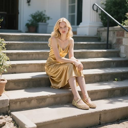 Atsroel Gold Woven Ballet Flats for Women Round Toe Mesh Flats Buckle Strap Flat Shoes Comfortable Mary Jane Dressy Mesh Shoes Casual Ballerina Mary Janes Size 8 - Image 2