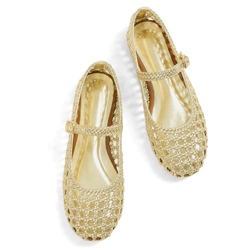 Atsroel Gold Woven Ballet Flats for Women Round Toe Mesh Flats Buckle Strap Flat Shoes Comfortable Mary Jane Dressy Mesh Shoes Casual Ballerina Mary Janes Size 8 - Image 1