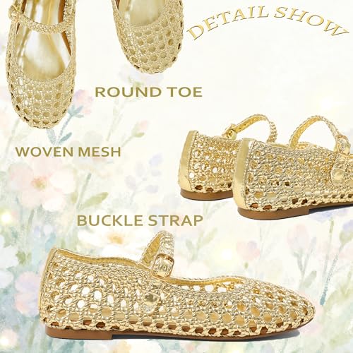 Atsroel Gold Woven Ballet Flats for Women Round Toe Mesh Flats Buckle Strap Flat Shoes Comfortable Mary Jane Dressy Mesh Shoes Casual Ballerina Mary Janes Size 8 - Image 5