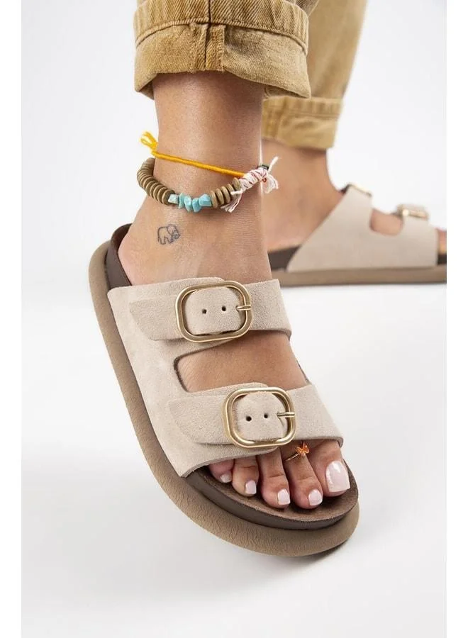 Lavender Women's Genuine Leather Double-Buckle Beige Slipper.