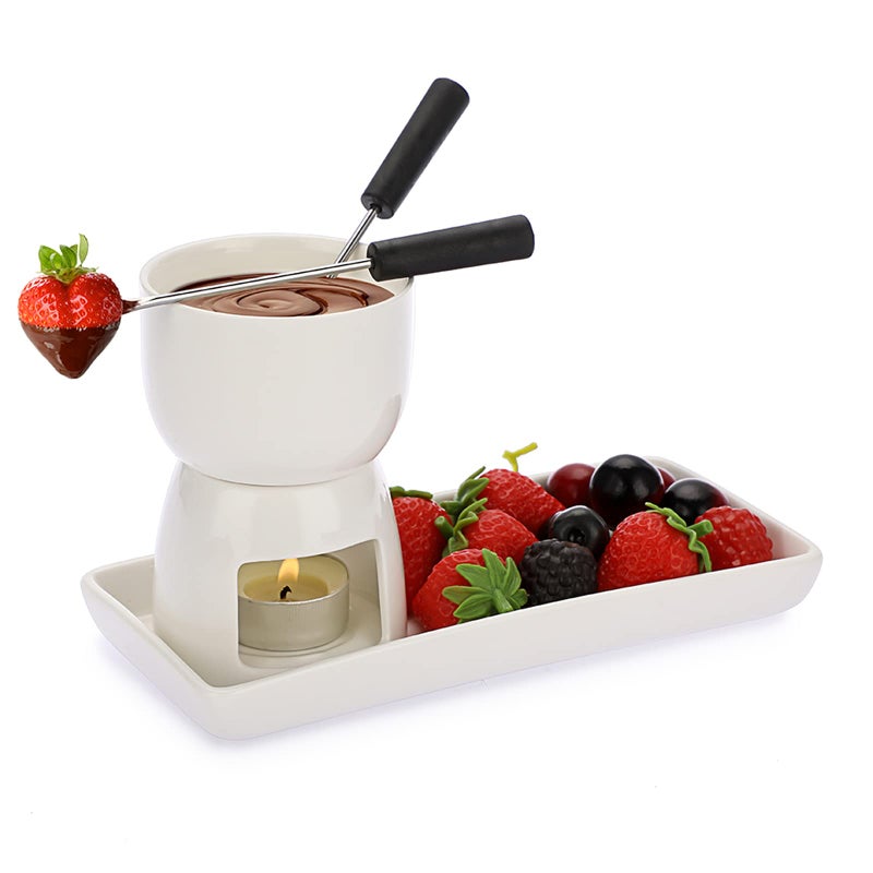 BSTKEY Ceramic Mini Chocolate Cheese Fondue Pot Set 150ml White Tea Light Candle Warmer Fondue Set with 2 Forks and 1 Rectangle Dish for Ice Cream Butter