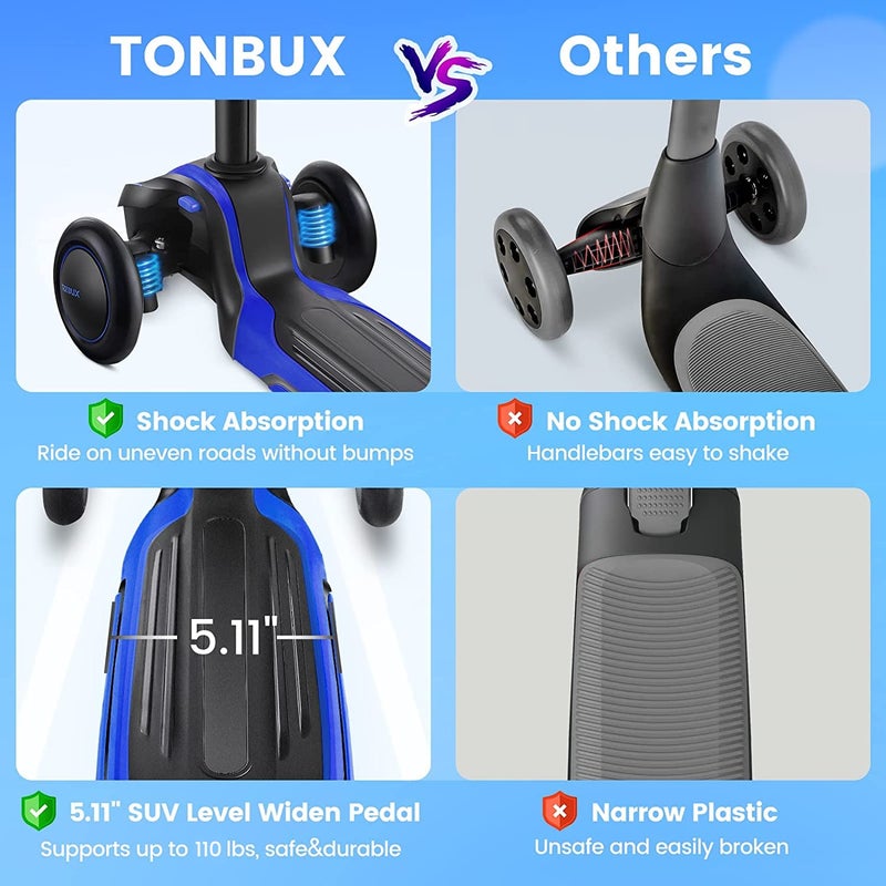 TONBUX سكوتر تونبكس للأطفال من عمر 3-12، سكوتر للأطفال مع 4 ارتفاعات قابلة للتعديل، سكوتر بثلاث عجلات مضيئة، تصميم لامتصاص الصدمات، توجيه بالميل، سكوتر لتدريب التوازن للأطفال - أزرق - Image 3