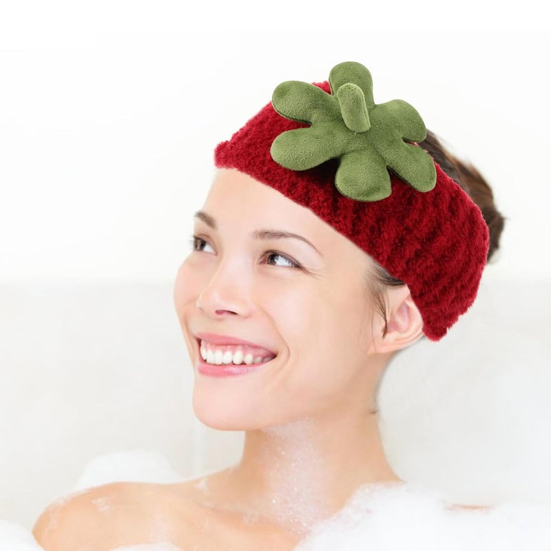 SHOWERORO Strawberry Pattern Spa Headband for Washing Face and Skincare, Wide Soft Makeup Hairband with Cartoon Design for Women and Teens - Image 5