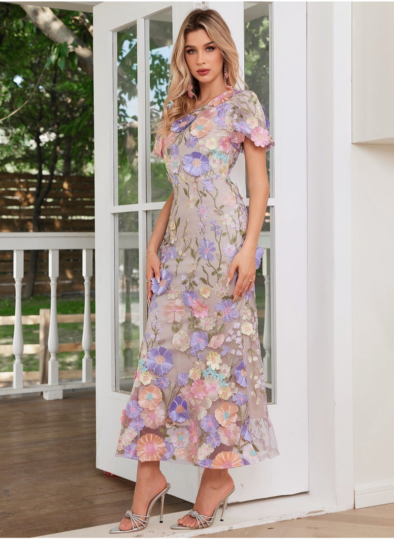 Madam Uniq New Purple Luxury Round Neck Embroidered 3D Floral Puff Sleeve Mid-Length Dress  - Image 3