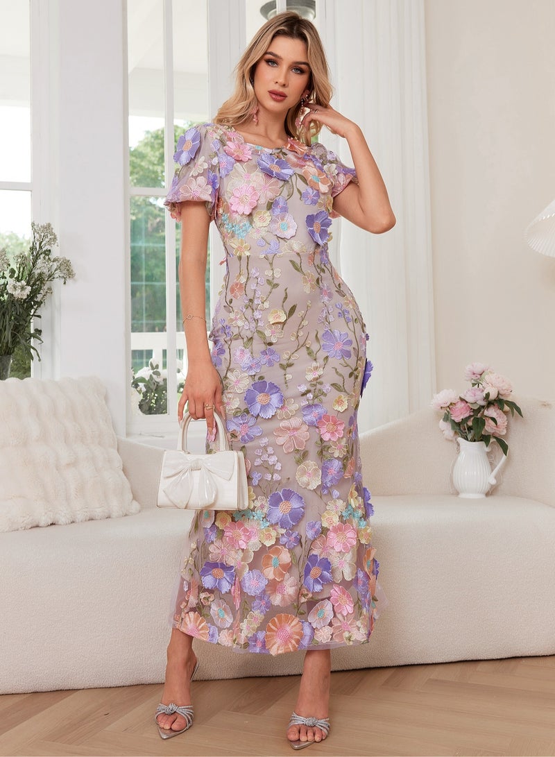 Madam Uniq Women's 3D Floral Short Sleeves Crew Neck Fishtail Mesh Embroidery Party Cocktail Maxi Dress,Random Floral Arrangement  - Image 5