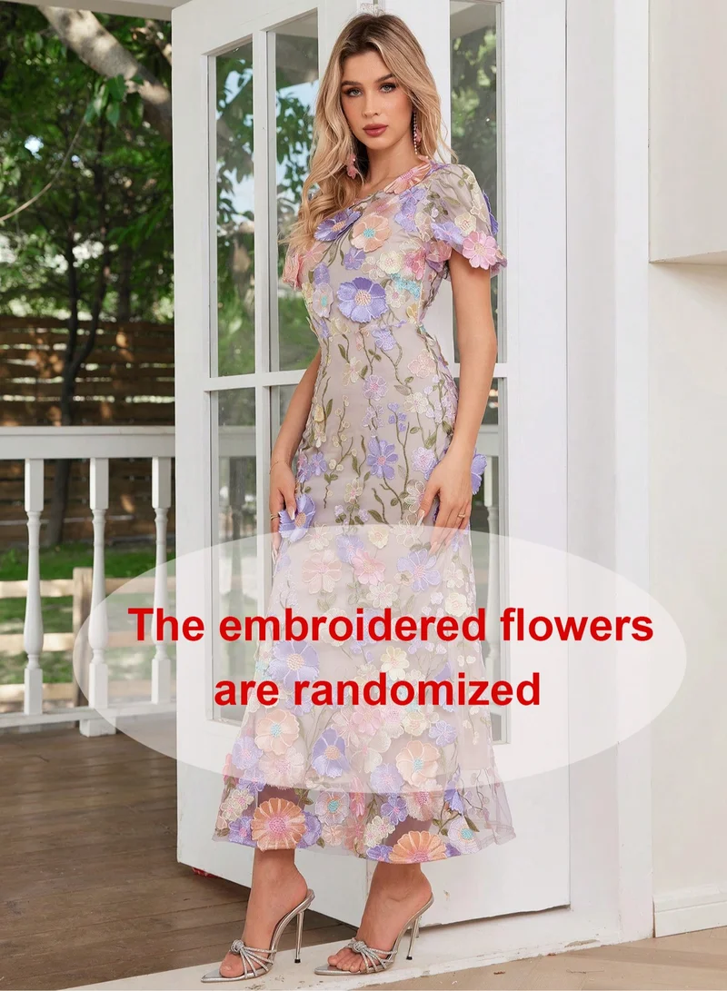 Madam Uniq Women's 3D Floral Short Sleeves Crew Neck Fishtail Mesh Embroidery Party Cocktail Maxi Dress,Random Floral Arrangement