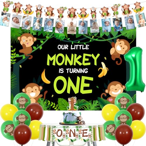 Balterever Monkey 1st Birthday Party Decorations for Boys With Our Little Monkey is Turning One Backdrop Monkey Bday High Chair Banner Photo Banner Cake Toppers for Jungle Monkey Birthday Supplies - Image 1
