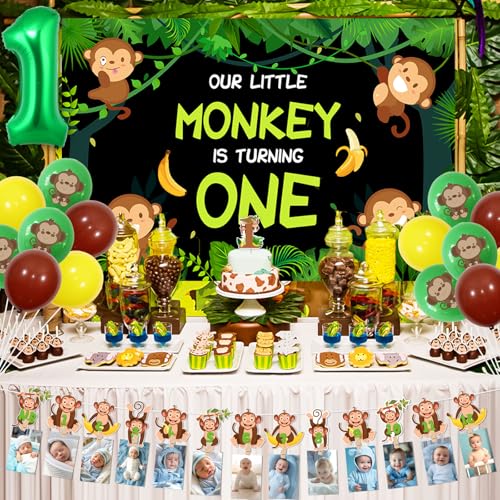 Balterever Monkey 1st Birthday Party Decorations for Boys With Our Little Monkey is Turning One Backdrop Monkey Bday High Chair Banner Photo Banner Cake Toppers for Jungle Monkey Birthday Supplies - Image 5