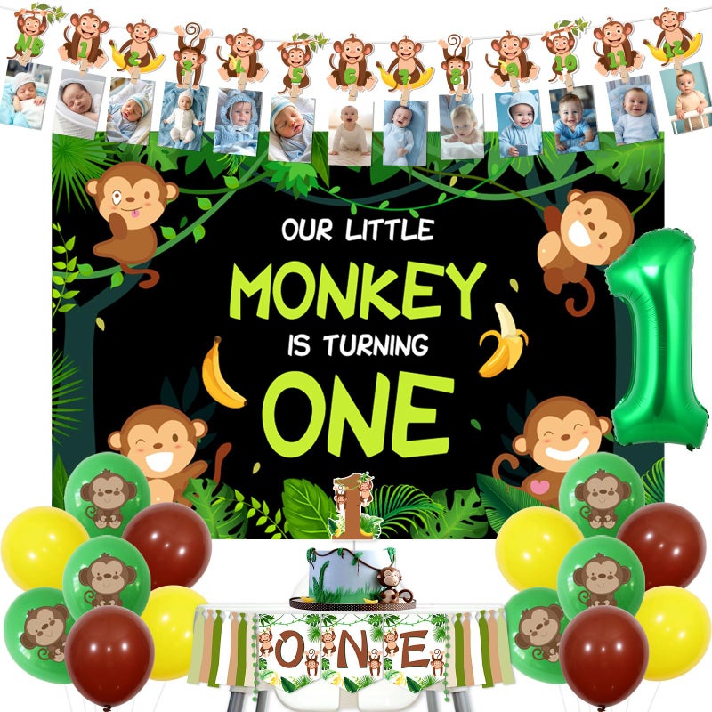 Balterever Monkey 1st Birthday Party Decorations for Boys With Our Little Monkey is Turning One Backdrop Monkey Bday High Chair Banner Photo Banner Cake Toppers for Jungle Monkey Birthday Supplies - Image 3