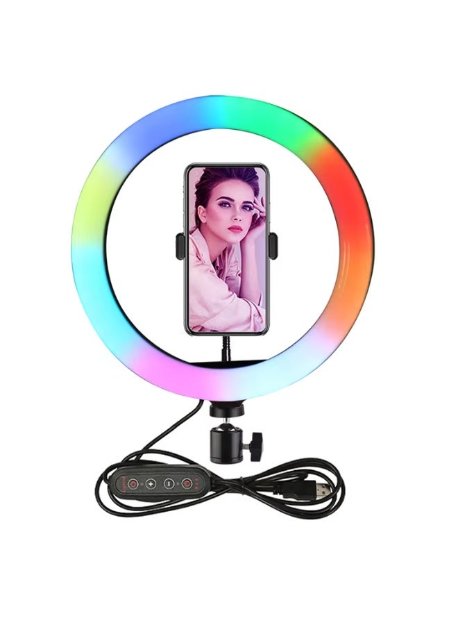 مصباح إضاءة 26 سم حلقي بضوء LED باضاءة ملونة ار جي بي للتصوير الفوتوغرافي 7 الوان ضوء دافئ/طبيعي/بارد