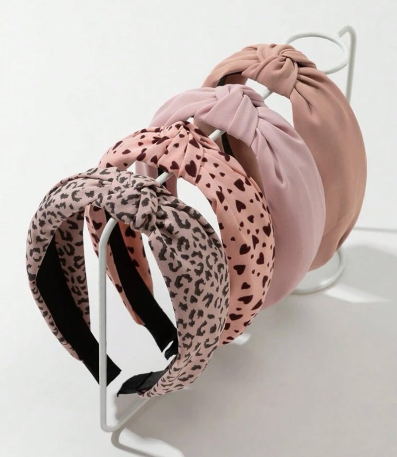 Huachi Knotted Fashion Hairbands for Women - Non-Slip Wide Hair Hoops, Cute Top Knot Headbands for Girls (Pink Heart Leopard Print) - Image 1