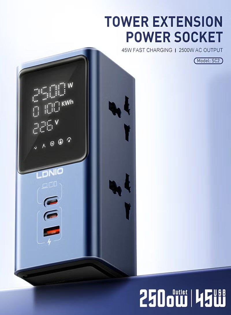 LDNIO SC2 Tower Power Strip with 4 AC Outlets, 3 USB Ports, 45W USB-C Fast Charging & LED Digital Display, 2500W Output - Image 4