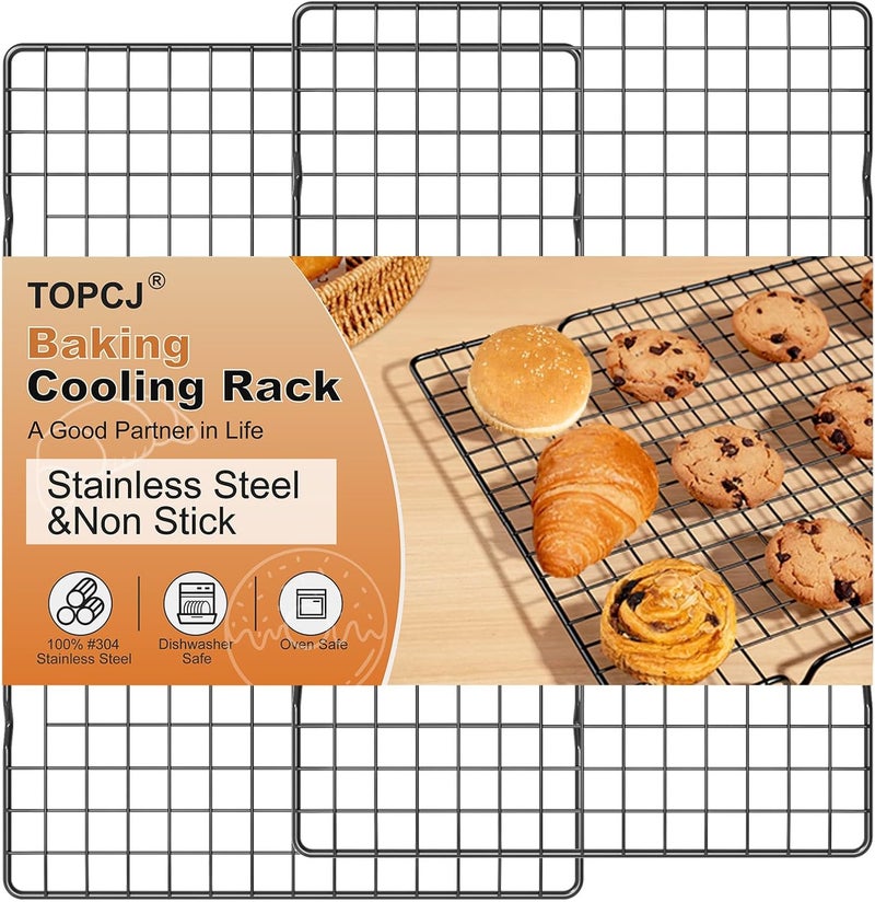 TCJ 2PCS Cooling Rack for Baking, 10”X15” Heavy Duty Wire Rack for Grilling,Baking, Roasting,Cooking,Non-Stick,For Jelly Roll Baking Trays,Multi-Purpose Drainer Rack,Stainless Steel,Black - Image 1