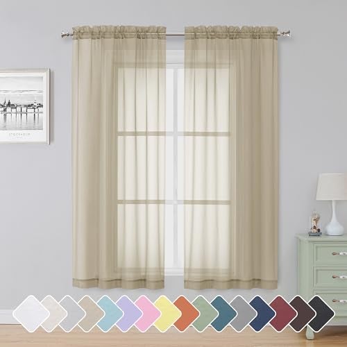 Simplebrand Taupe Sheer Curtains 63 Inch Length 2 Panels, Rod Pocket Solid Color Kakhi Taupe Brown Window Sheer Curtain Panels, Elegant Curtains & Drapes for Living Room, Bedroom (42" W x 63" L) - Image 1