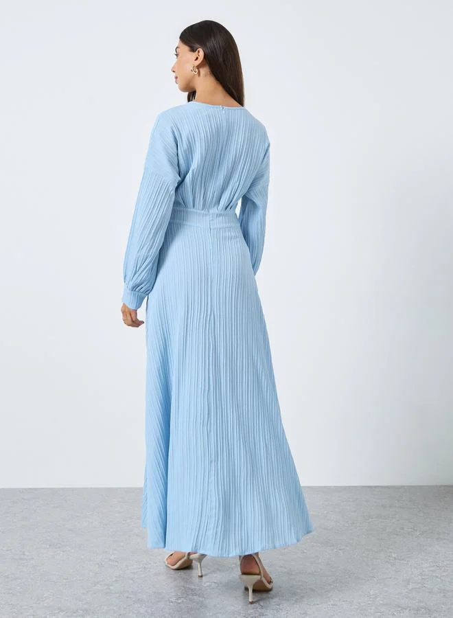 Styli  Blue Textured Pleated Detail Maxi Dress for Women | Best Price UAE