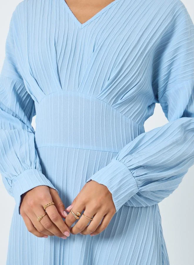 Styli  Blue Textured Pleated Detail Maxi Dress for Women | Best Price UAE