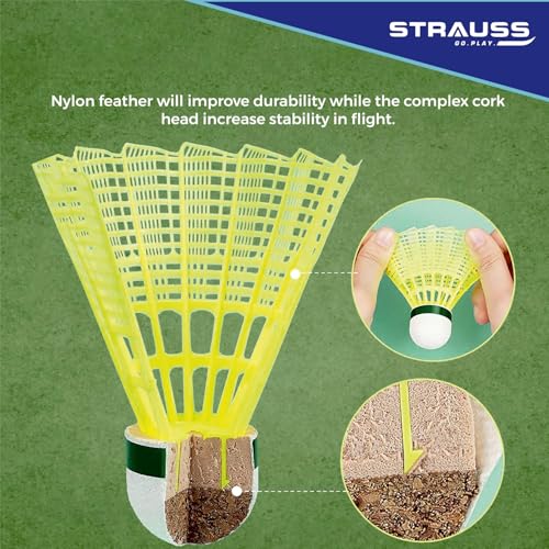 STRAUSS Maxis Pro Nylon Shuttlecock (Pack Of 6) | Stable Flight, Fast Recovery & Near Feather Shuttle Performance | Medium Speed, Durable & Less Frequent Replacement, Yellow - Image 4