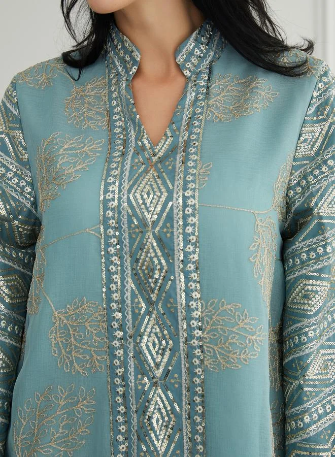 تايك تو جلابية نسيج بارز مزينة بأكمام ذات شرابات