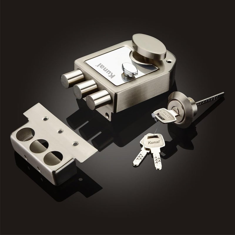 Kunal TriBolt 2Turn Main Door Lock | Interlock | Dead Lock | 3 Brass Ultra Keys SS Finish Iron Material (Pack of-1) - Image 1