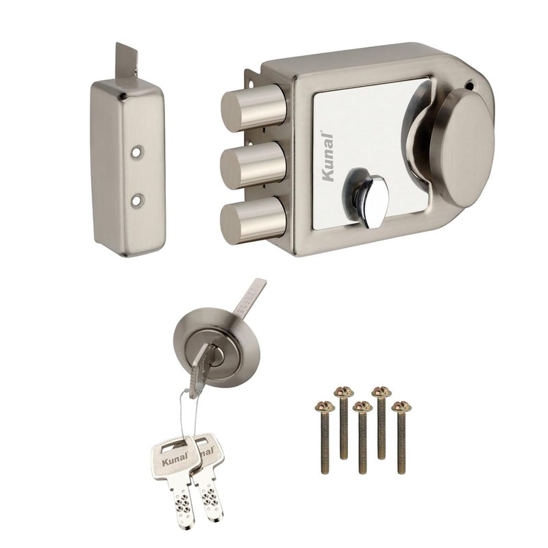 Kunal TriBolt 2Turn Main Door Lock | Interlock | Dead Lock | 3 Brass Ultra Keys SS Finish Iron Material (Pack of-1) - Image 4