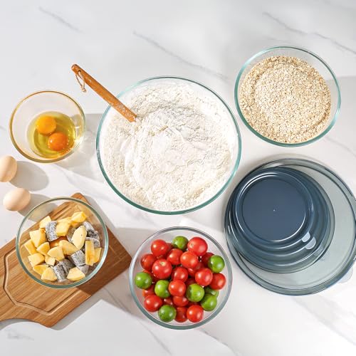KEMETHY Glass Mixing Bowls with Lids Set of 5(4.78QT,2.2QT,1.7QT,1.1QT,0.85QT),Thick Glass Nesting Bowls for Kitchen Baking,Cooking Prep,Storage,Serving,Large Salad Bowls,Dishwasher Microwave Freezer Safe - Image 3