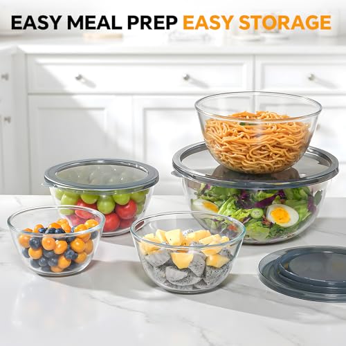KEMETHY Glass Mixing Bowls with Lids Set of 5(4.78QT,2.2QT,1.7QT,1.1QT,0.85QT),Thick Glass Nesting Bowls for Kitchen Baking,Cooking Prep,Storage,Serving,Large Salad Bowls,Dishwasher Microwave Freezer Safe - Image 2