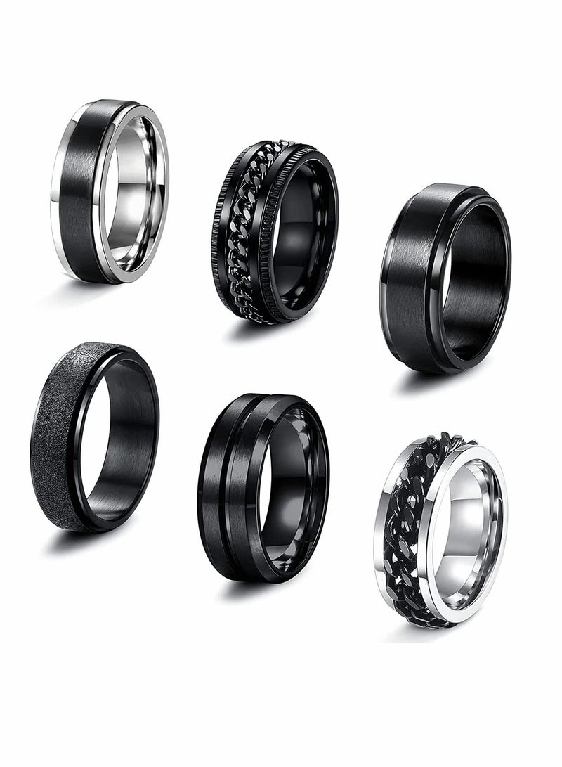 Zikra 6 قطع خواتم دوارة سوداء مقاس 6 و 8 مم للرجال والنساء من الفولاذ المقاوم للصدأ، خواتم فidget لتخفيف القلق والتوتر، مجموعة خواتم عصرية رائعة، خواتم وعد زفاف مقاس 10 - Image 1