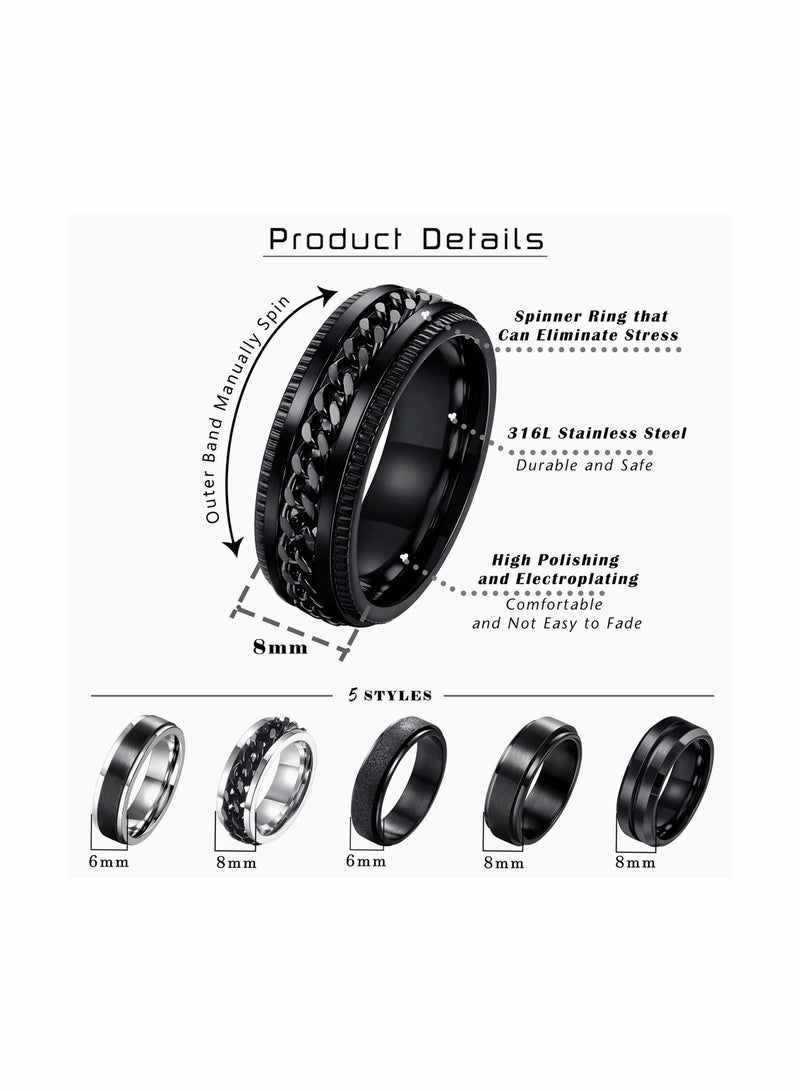 Zikra 6 قطع خواتم دوارة سوداء مقاس 6 و 8 مم للرجال والنساء من الفولاذ المقاوم للصدأ، خواتم فidget لتخفيف القلق والتوتر، مجموعة خواتم عصرية رائعة، خواتم وعد زفاف مقاس 10 - Image 3