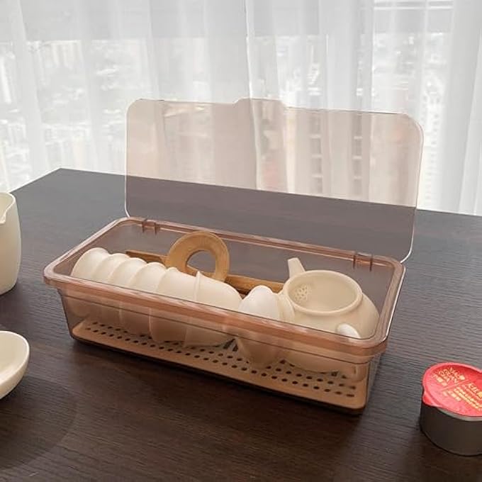 Tazweeq Transparent Tea Storage Box Desktop Dustproof With Lid Put Kung Fu Tea Cups Fitted Tea Bowl Teapot Stackable Storage Shelf Brown - Image 3