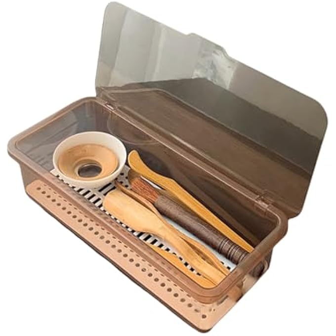Tazweeq Transparent Tea Storage Box Desktop Dustproof With Lid Put Kung Fu Tea Cups Fitted Tea Bowl Teapot Stackable Storage Shelf Brown - Image 2