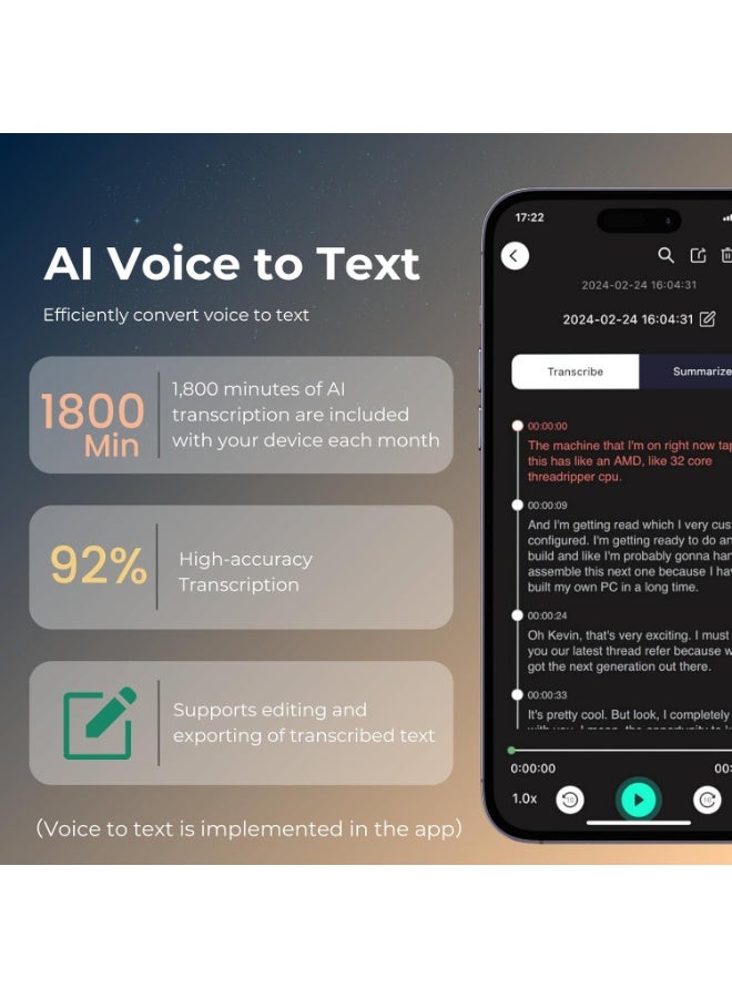 FoCase Rec AI Voice Recorder, Transcribe, Summarize & Translation with AI, APP Control, 64GB Storage, Support 112 Languages, Ultra-Slim Magnetic Dictaphone Note Taker for Calls, Lectures and Meetings - Image 4