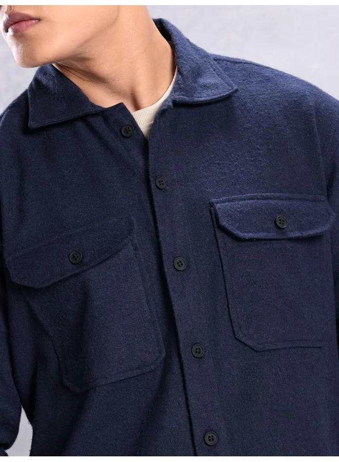 Beyoung Navy Blue Flannel Shirt for Men