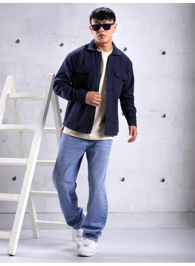 Beyoung Navy Blue Flannel Shirt for Men