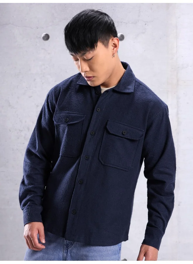 Beyoung Navy Blue Flannel Shirt for Men
