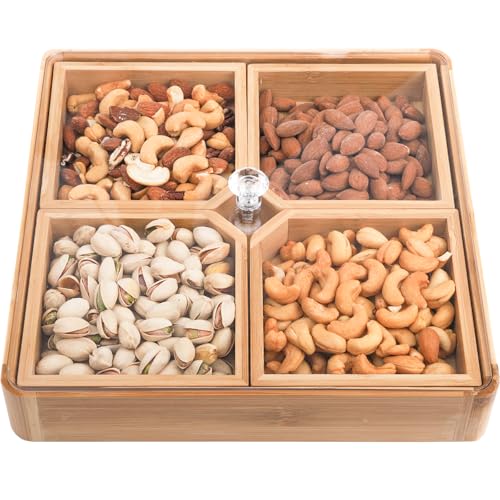 WUWEOT Bamboo Nut and Candy Serving Tray, Party Appetizer Platter Veggie Dish, Candy Bowl with Acrylic Lid & Removable Dividers for Party, Taco Dip Parties Platters & Chip Bowls - Image 1