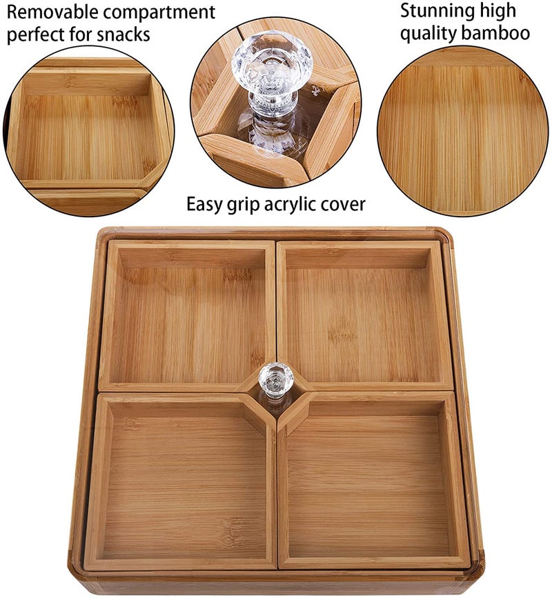WUWEOT Bamboo Nut and Candy Serving Tray, Party Appetizer Platter Veggie Dish, Candy Bowl with Acrylic Lid & Removable Dividers for Party, Taco Dip Parties Platters & Chip Bowls - Image 2