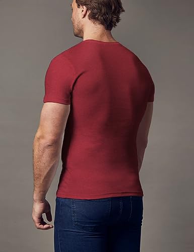 palglg Mens Short Sleeve Cotton Muscle Slim Fitted Sport Henley T-Shirt with Button Wine Red L - Image 2
