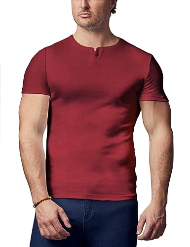 palglg Mens Short Sleeve Cotton Muscle Slim Fitted Sport Henley T-Shirt with Button Wine Red L - Image 1