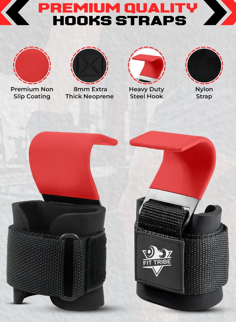 FIT TRIBE Weight Lifting Hooks for Men & Women 2pcs - Heavy Duty Lifting Straps for Deadlifts, Powerlifting, Shrugs, & Rows - Gym Grips with Anti-Slip Pull-Up Hooks (Red) - Image 2