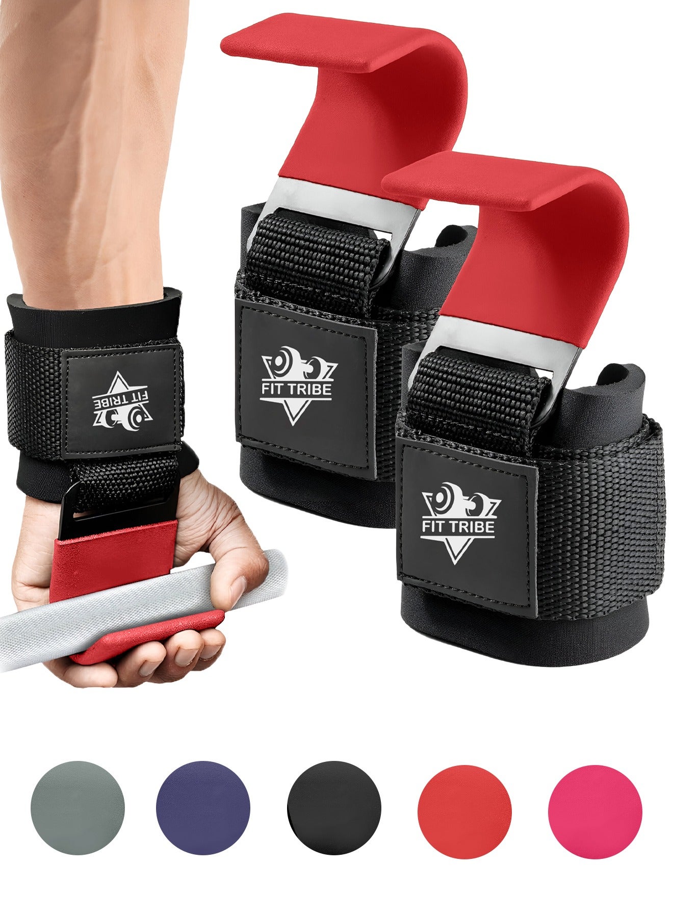 Weight Lifting Hooks for Men & Women 2pcs - Heavy Duty Lifting Straps for Deadlifts, Powerlifting, Shrugs, & Rows - Gym Grips with Anti-Slip Pull-Up Hooks (Red)