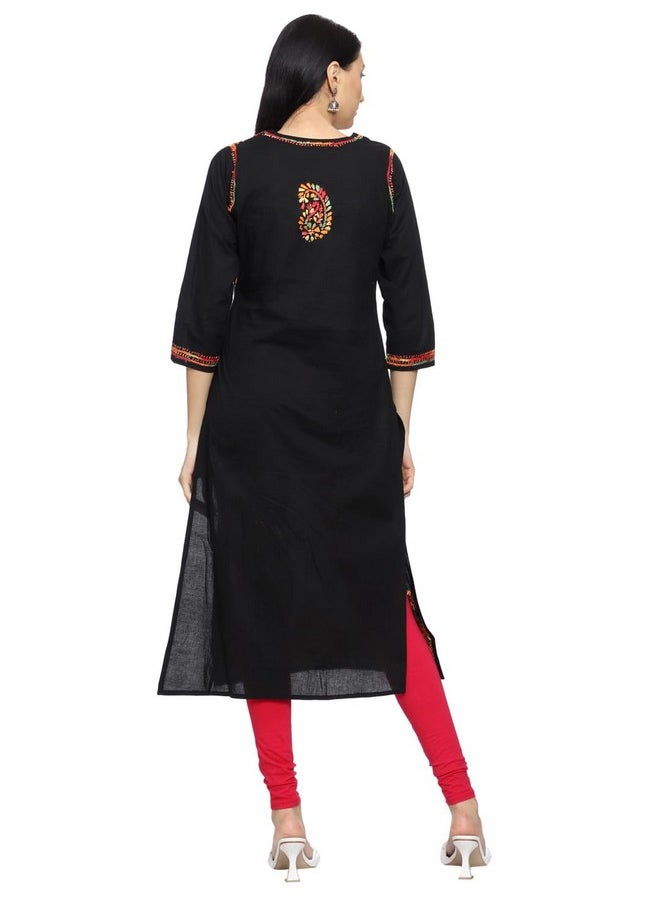 ADA - Ada Lucknowi Chikankari Hand Embroidered Straight Black Cotton Kurta Kurti Tunic for Women A188048 (S) - Image 1