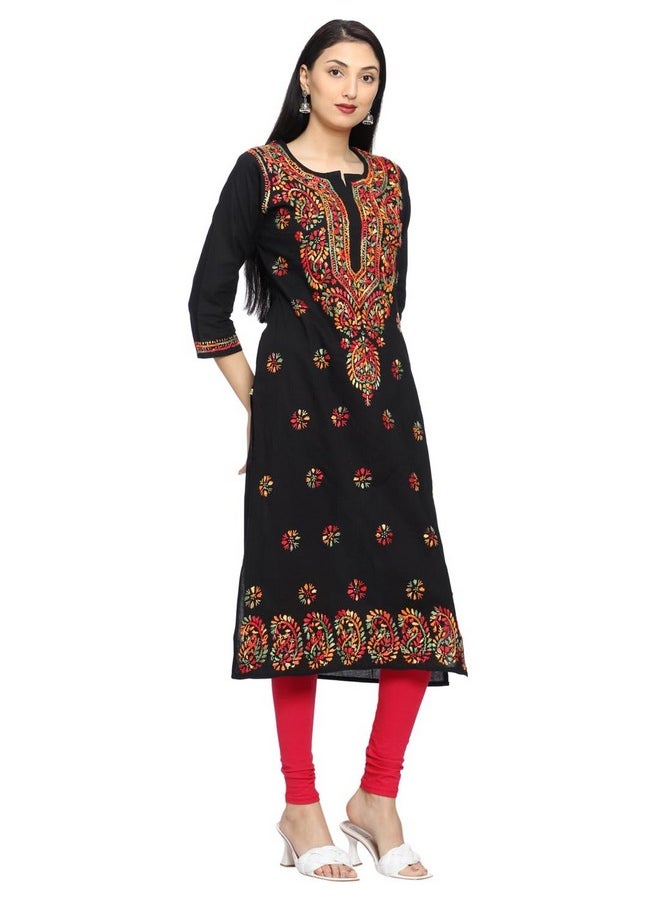 ADA - Ada Lucknowi Chikankari Hand Embroidered Straight Black Cotton Kurta Kurti Tunic for Women A188048 (S) - Image 1