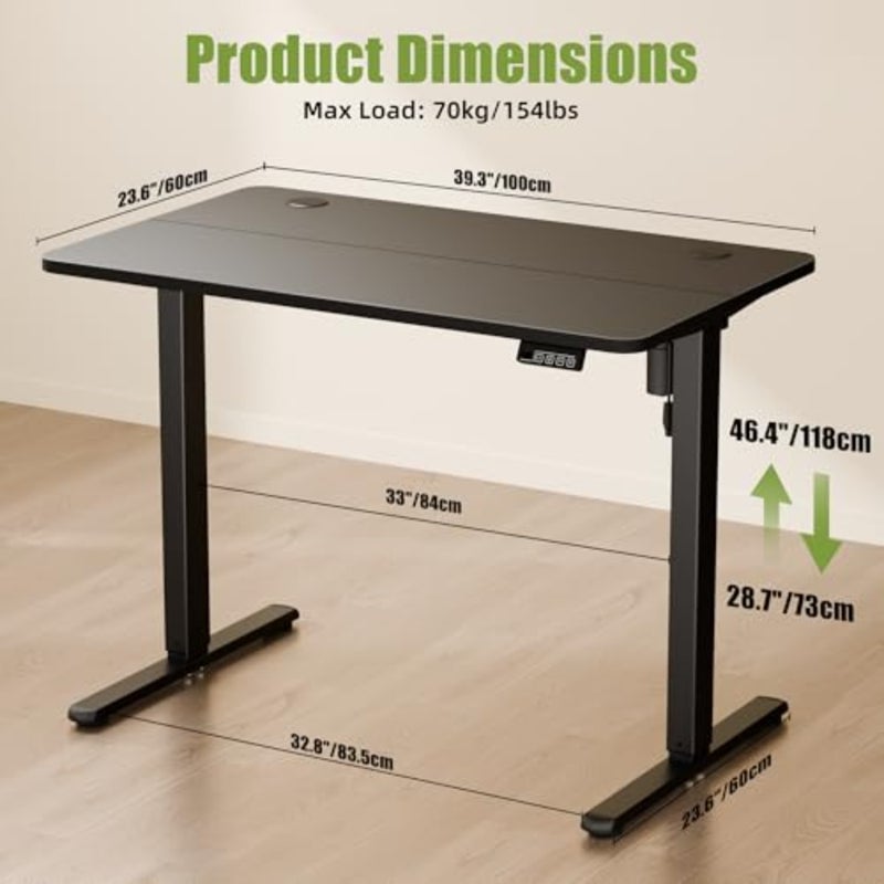 Small Standing Desk 100x60cm, Height Adjustable Desk, Sit Stand Desk with Memory Handset and Hooks, for Home Office Study Frame + Desktop - Image 3