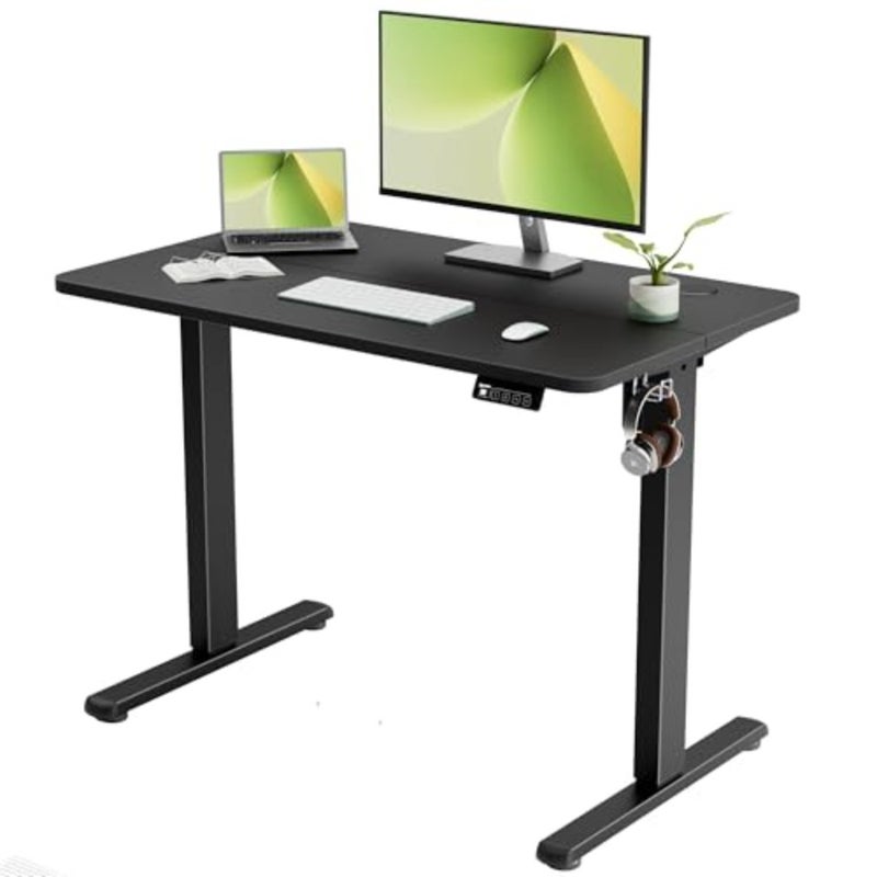 Small Standing Desk 100x60cm, Height Adjustable Desk, Sit Stand Desk with Memory Handset and Hooks, for Home Office Study Frame + Desktop - Image 1