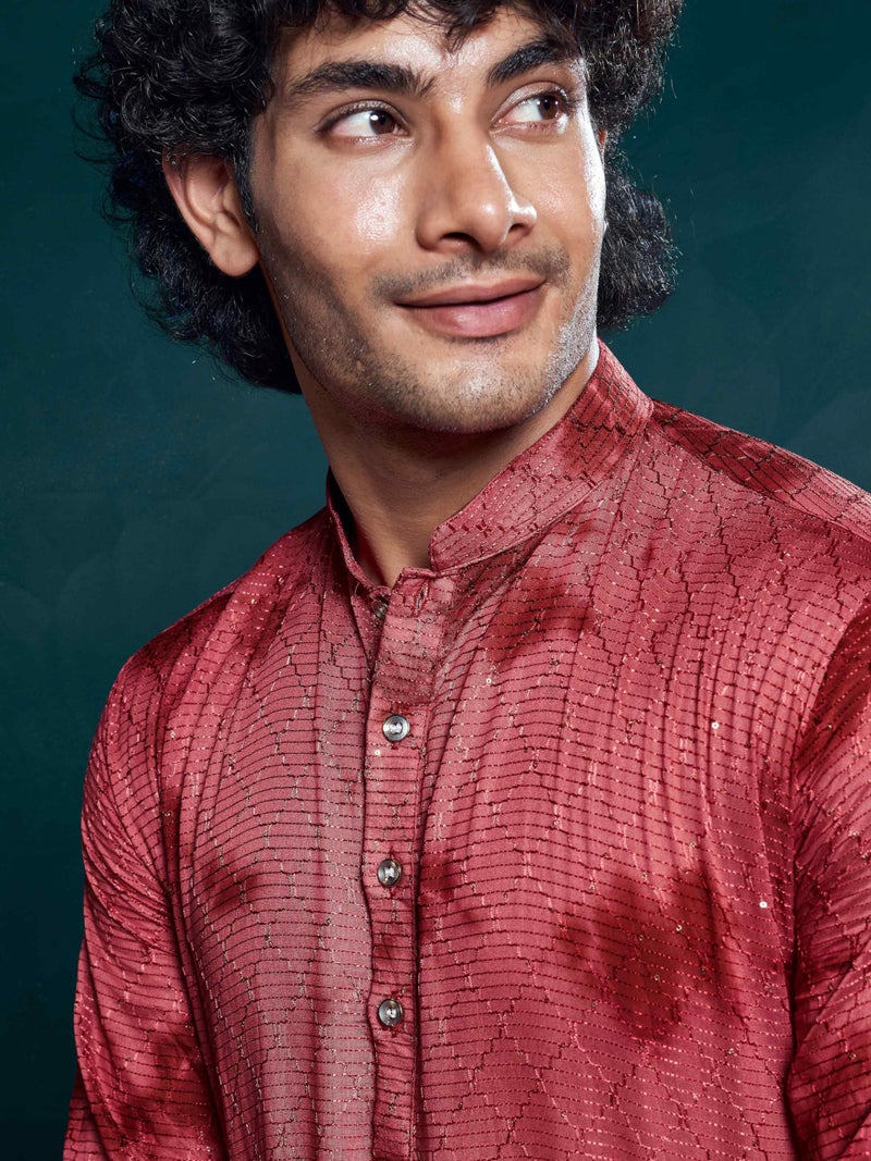 Vardha Men's Viscose Sequence Stitched Kurta, Flowy Red Pattern Shibori Dyed Ethnic Kurtas for Men, Mandarin Collar, Pearl Buttons, Size L - Image 3