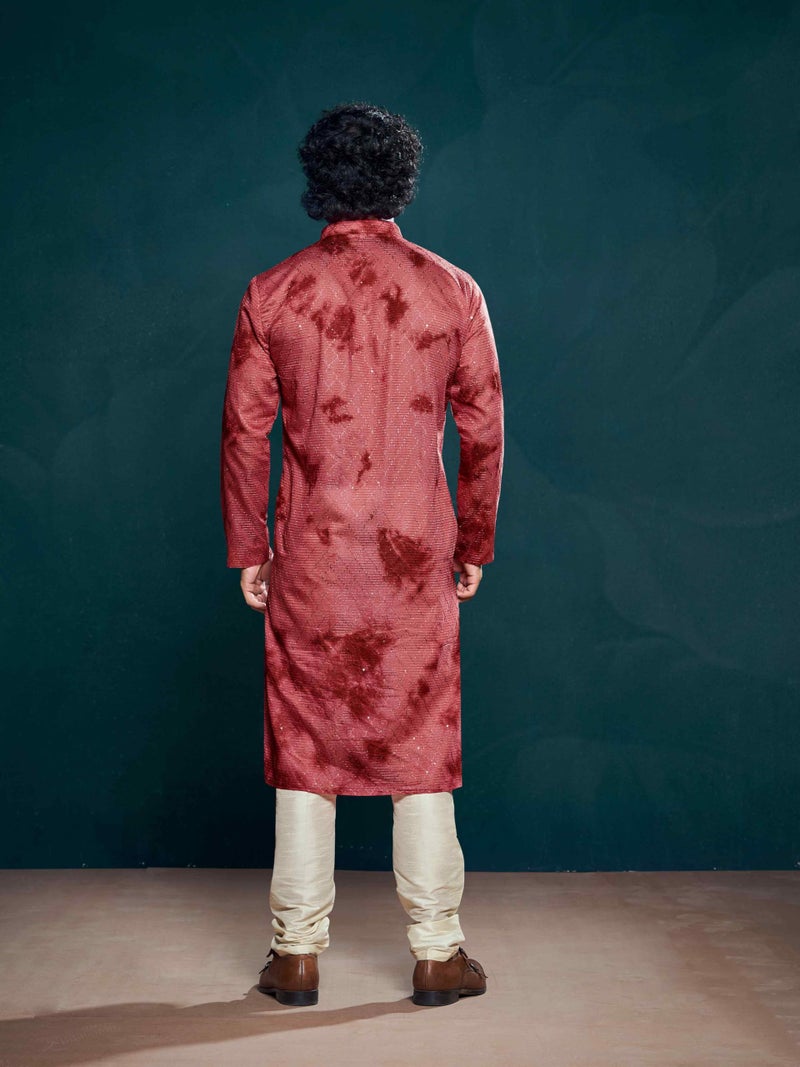 Vardha Men's Viscose Sequence Stitched Kurta, Flowy Red Pattern Shibori Dyed Ethnic Kurtas for Men, Mandarin Collar, Pearl Buttons, Size L - Image 4