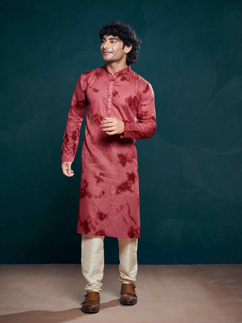 Vardha Men's Viscose Sequence Stitched Kurta, Flowy Red Pattern Shibori Dyed Ethnic Kurtas for Men, Mandarin Collar, Pearl Buttons, Size L - Image 2